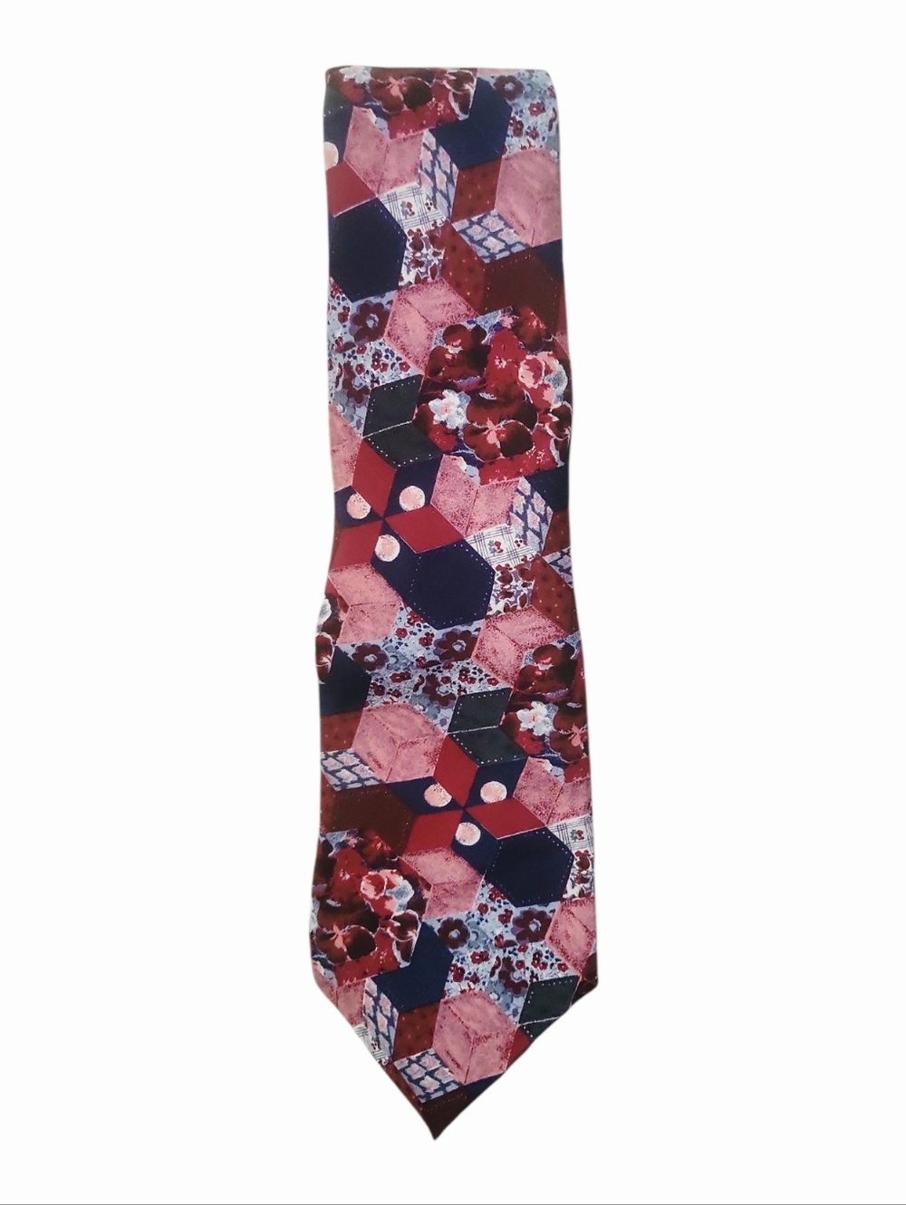 Vintage Je Suis Silk Americana Quilt Patchwork Floral Pattern Blue & Pink Tie